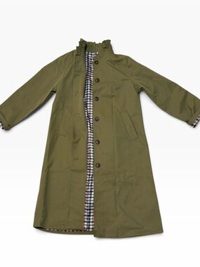 Army Green Long Trench Coat with Plaid Lining